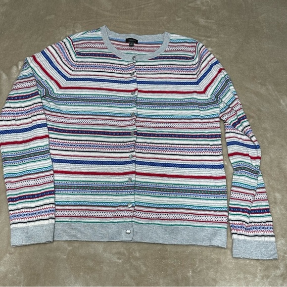 Talbots Zig Zag Fair Isle Cardigan Red Blue White Gray Lambs Wool Size Gray - Picture 1 of 7